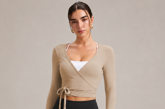 GC Active Palm Beach Wrap Top in dune, front view